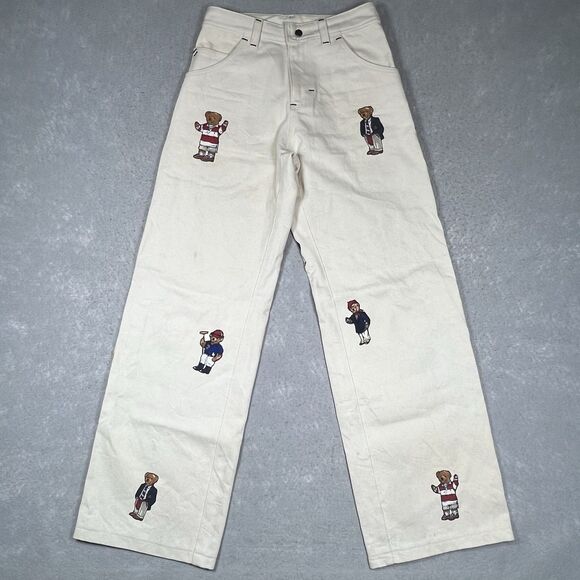 VTG IMPRSSVE Jeans Women’s Size 26 Beige CUSTOM Polo Bear Patches Straight Fit - Picture 1 of 12